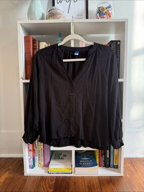 Old Navy Black Button-Front Blouse with Gathered Neckline